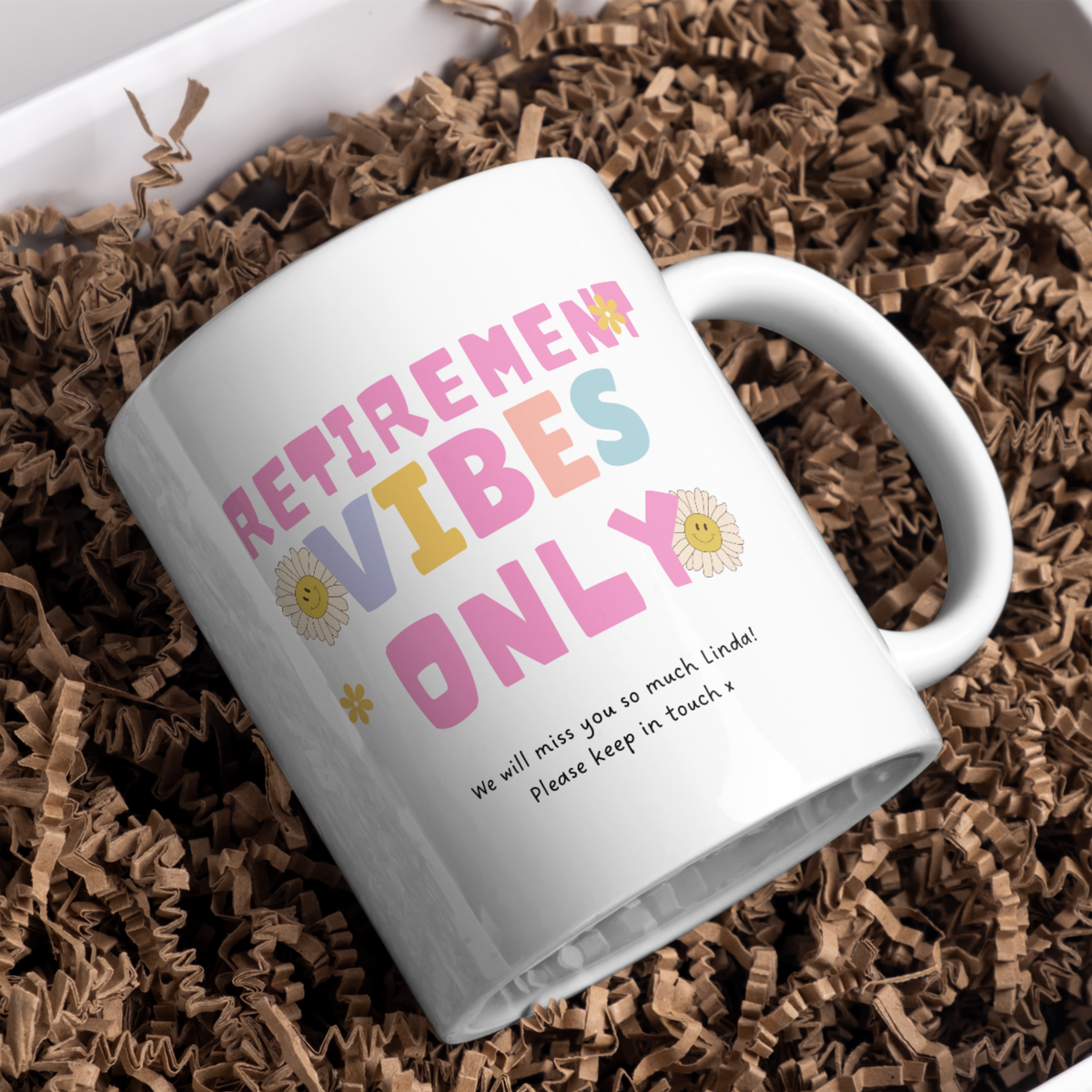 Pastel Retirement Vibes Only Mug – gift presentation on paper packing
