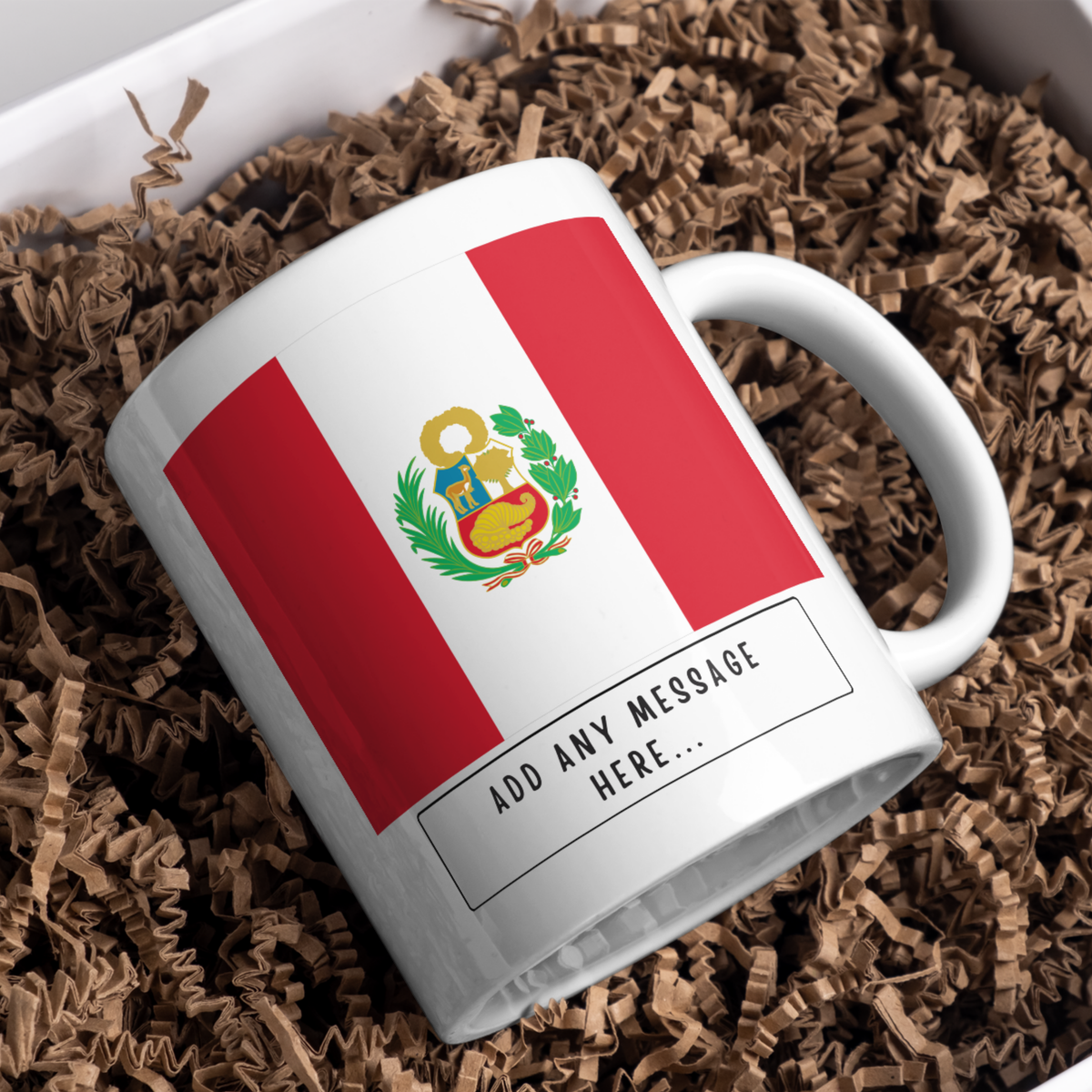 Personalised Peru flag mug – gift presentation on paper packing