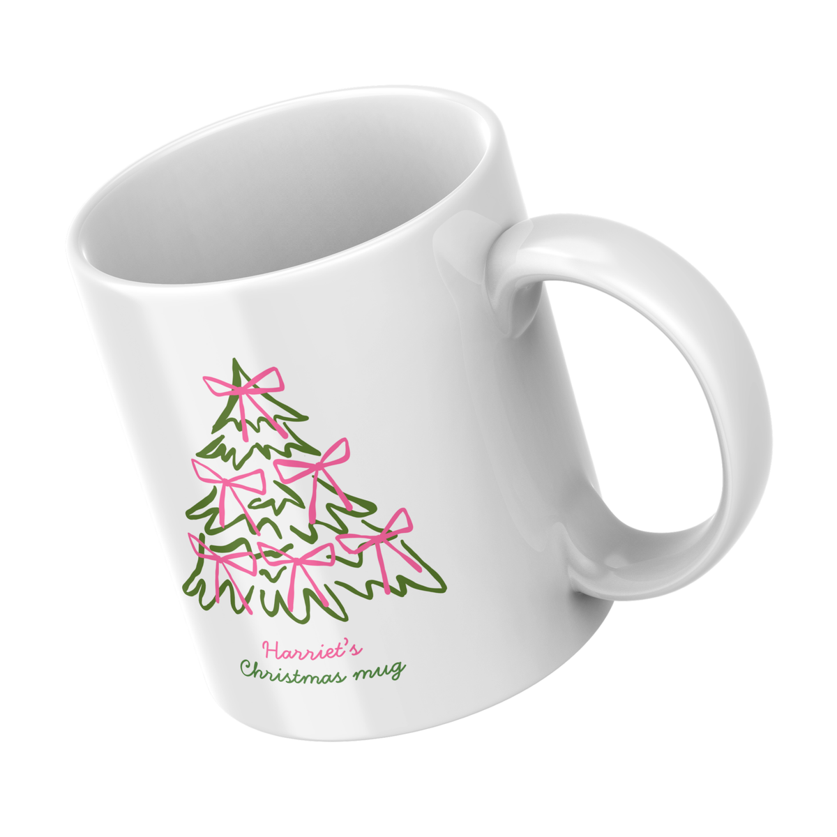 Pink Bow Christmas Tree Mug – angled view