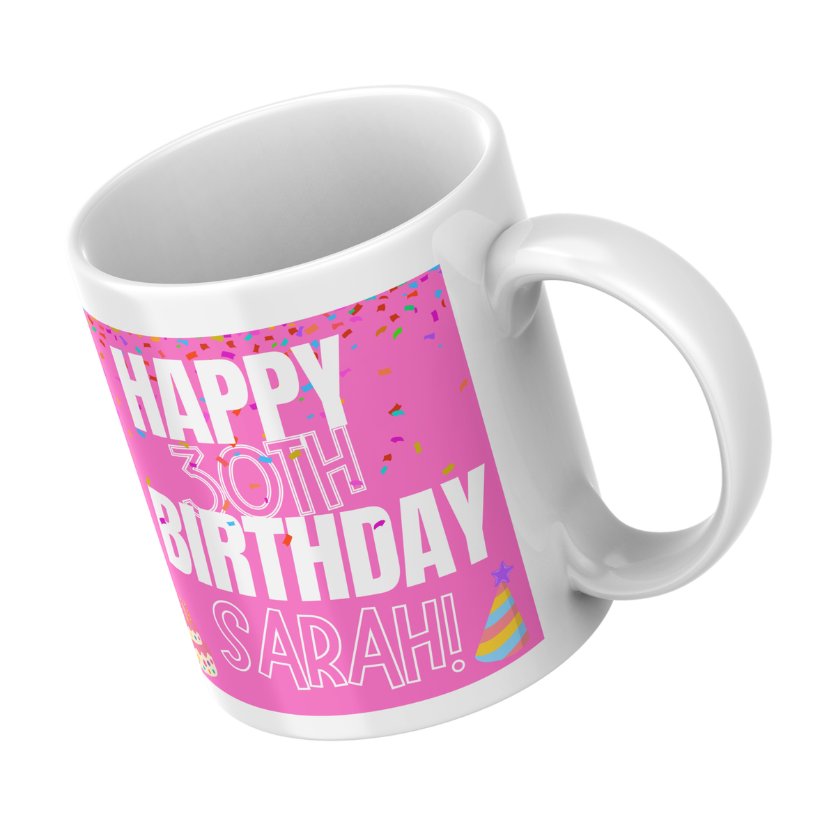 Pink Confetti Birthday Mug – angled view