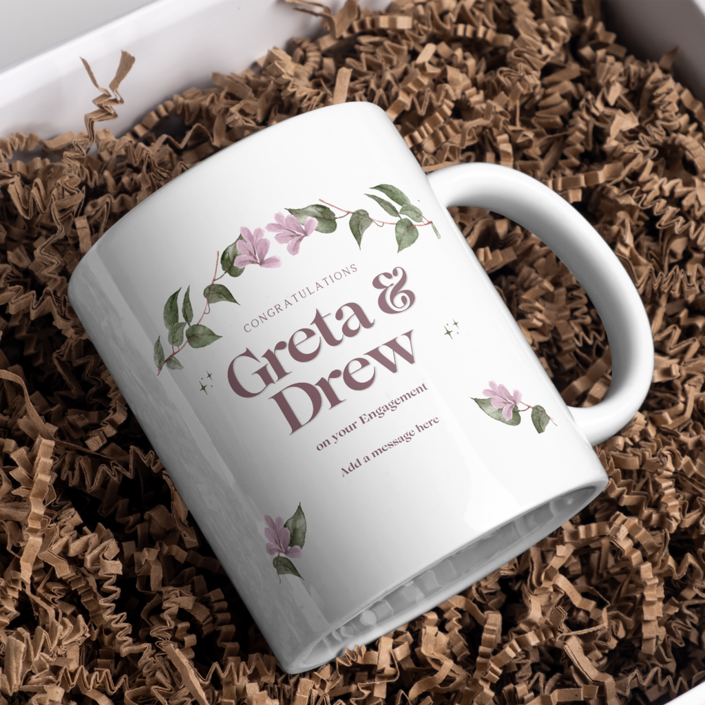Pink Floral Engagement Mug – gift presentation on paper packing