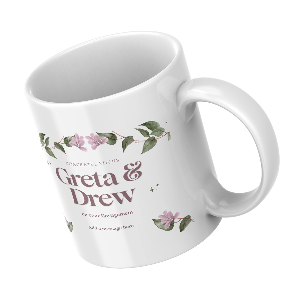 Pink Floral Engagement Mug – angled view