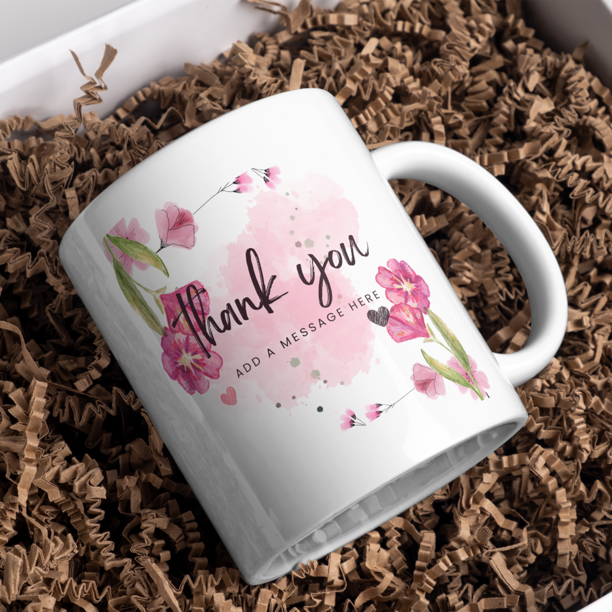 Pink Floral Thank You Mug – gift presentation on paper packing