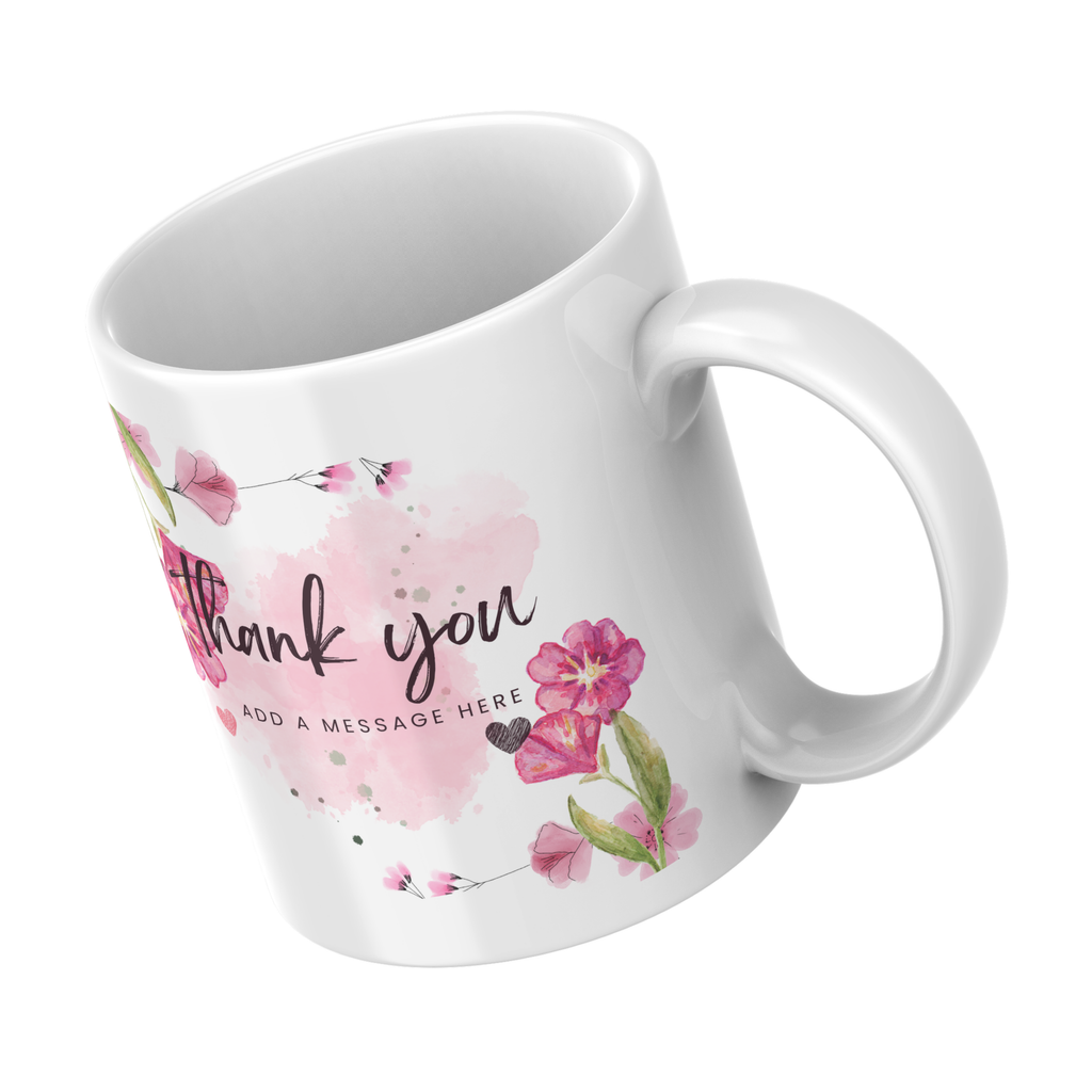 Pink Floral Thank You Mug – angled view