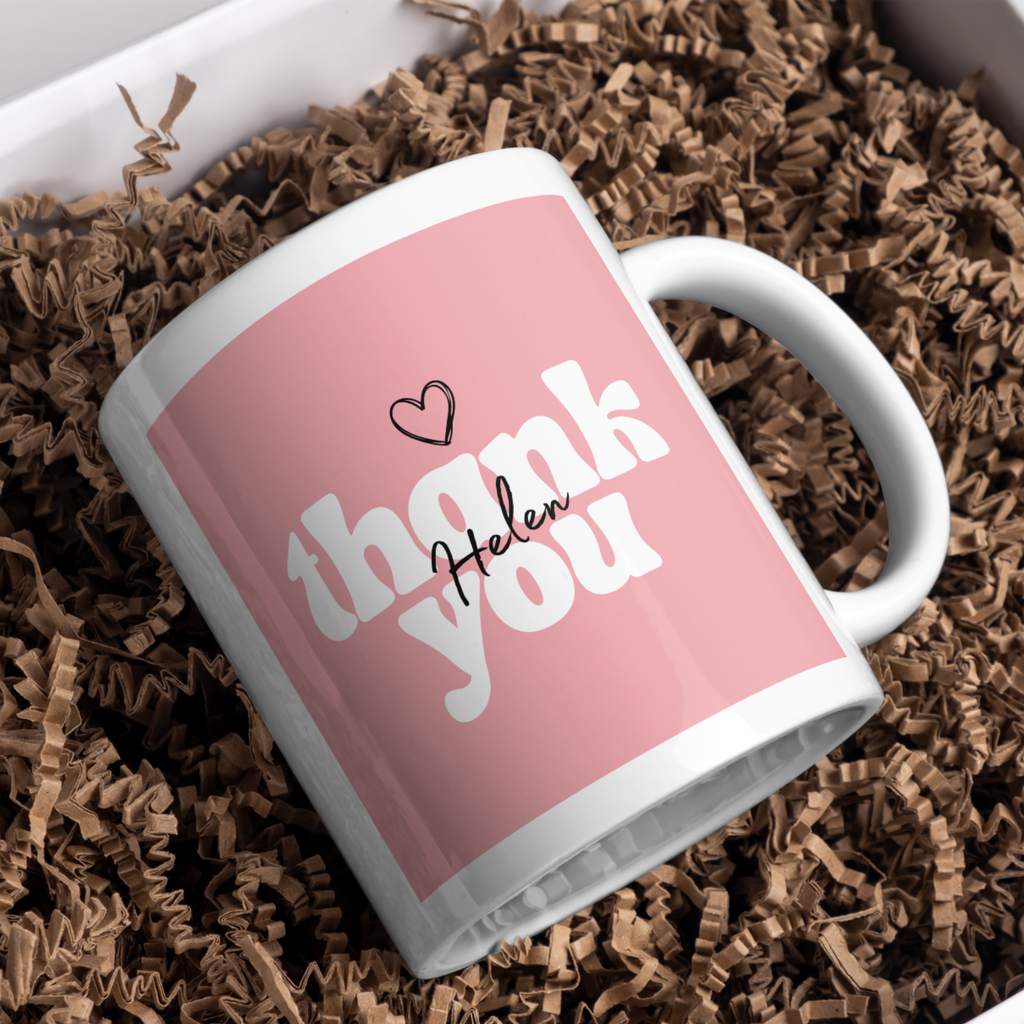 Pink Thank You Name Mug – gift presentation on paper packing
