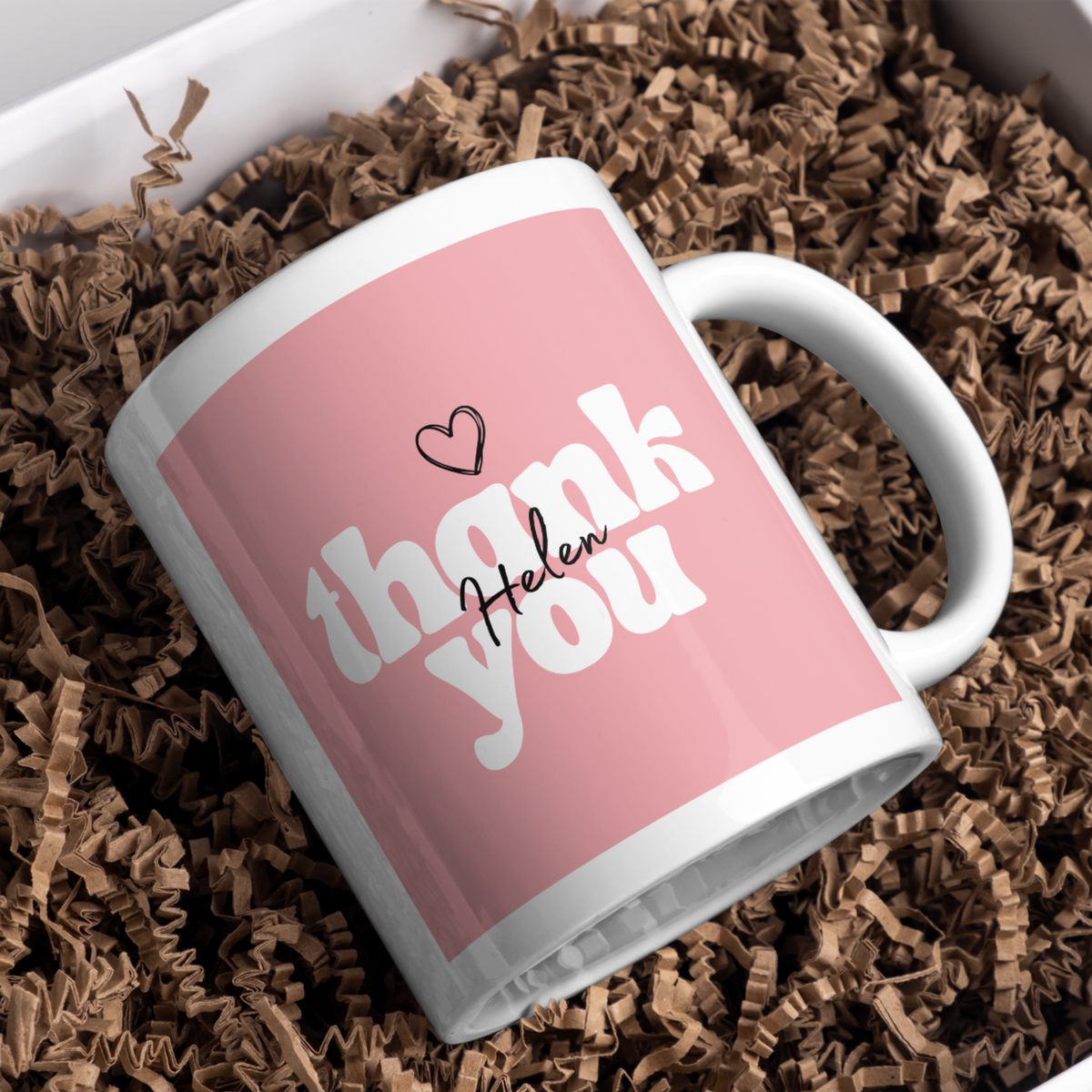 Pink Thank You Name Mug – gift presentation on paper packing