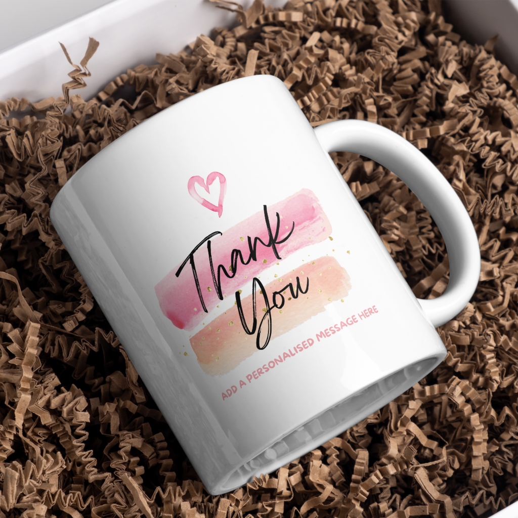 Pink Watercolour Thank You Mug – gift presentation on paper packing