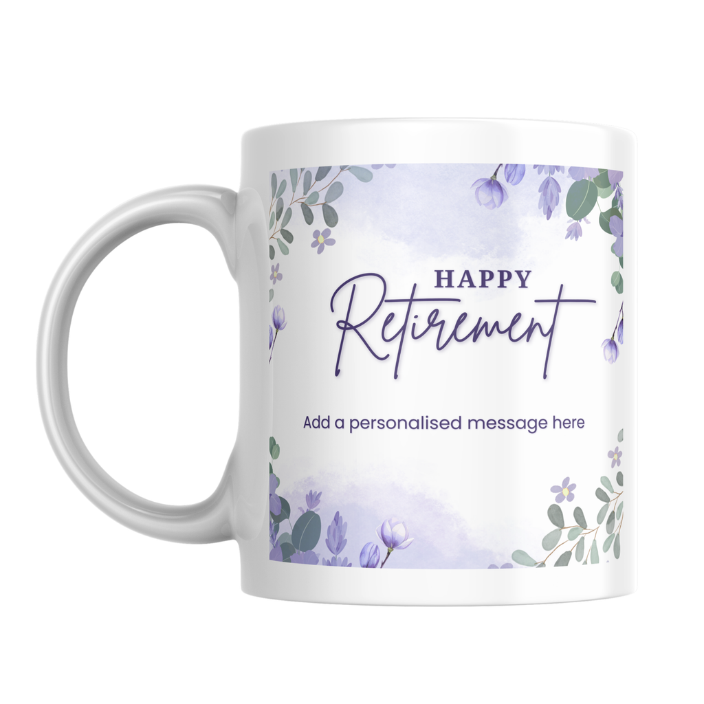 Purple Floral Happy Retirement Mug – front view