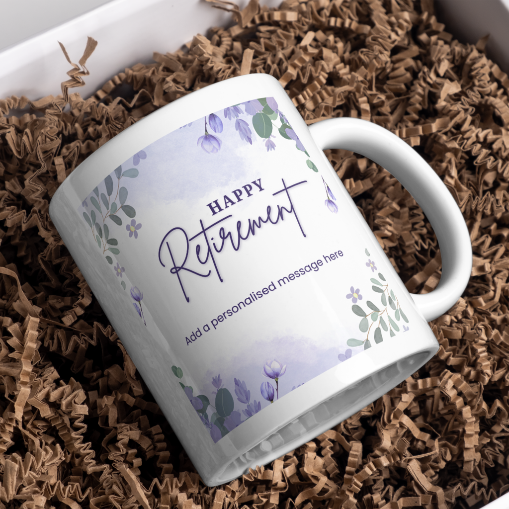 Purple Floral Happy Retirement Mug – gift presentation on paper packing