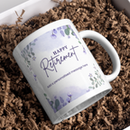 Purple Floral Happy Retirement Mug – gift presentation on paper packing