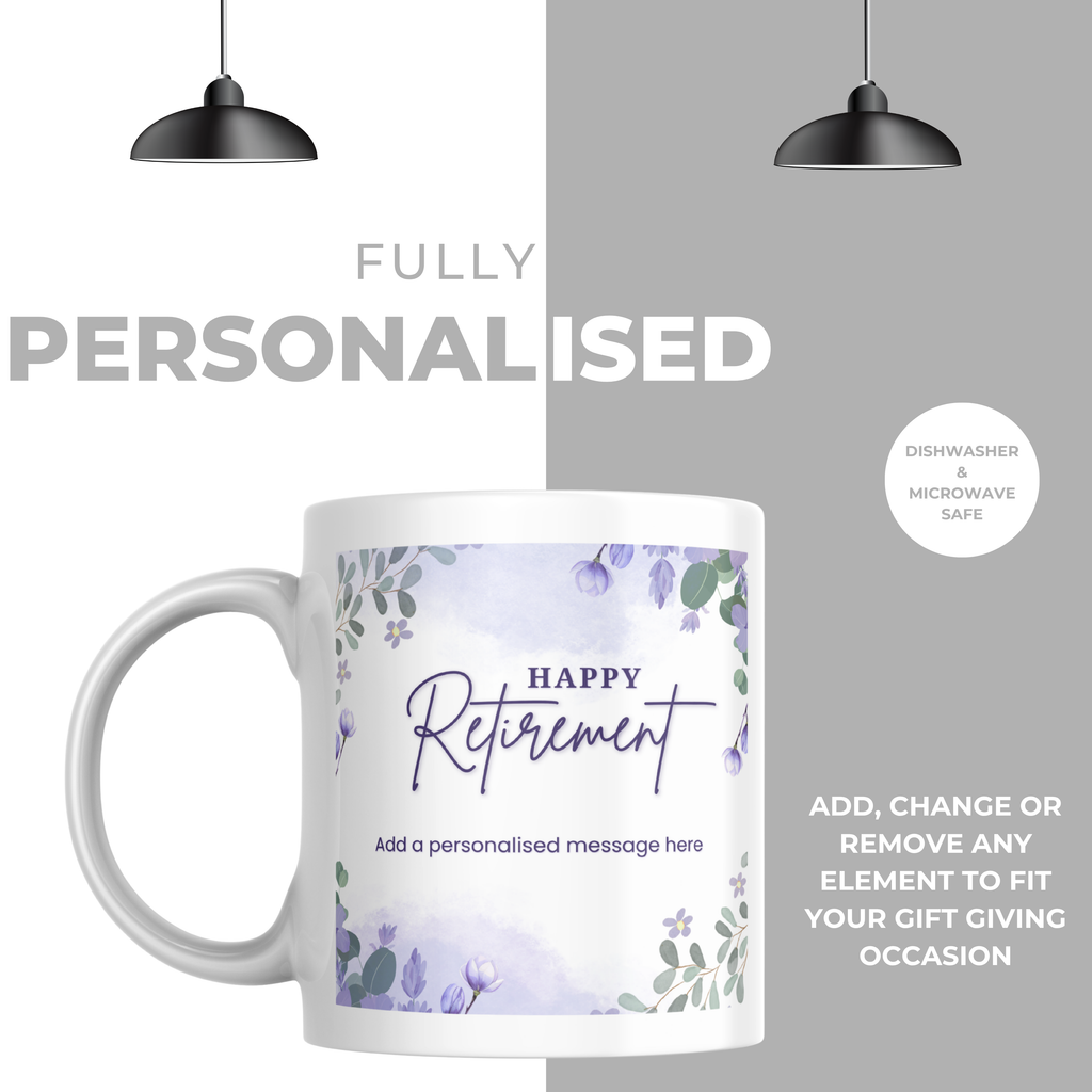 Purple Floral Happy Retirement Mug – personalisation information