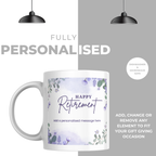 Purple Floral Happy Retirement Mug – personalisation information