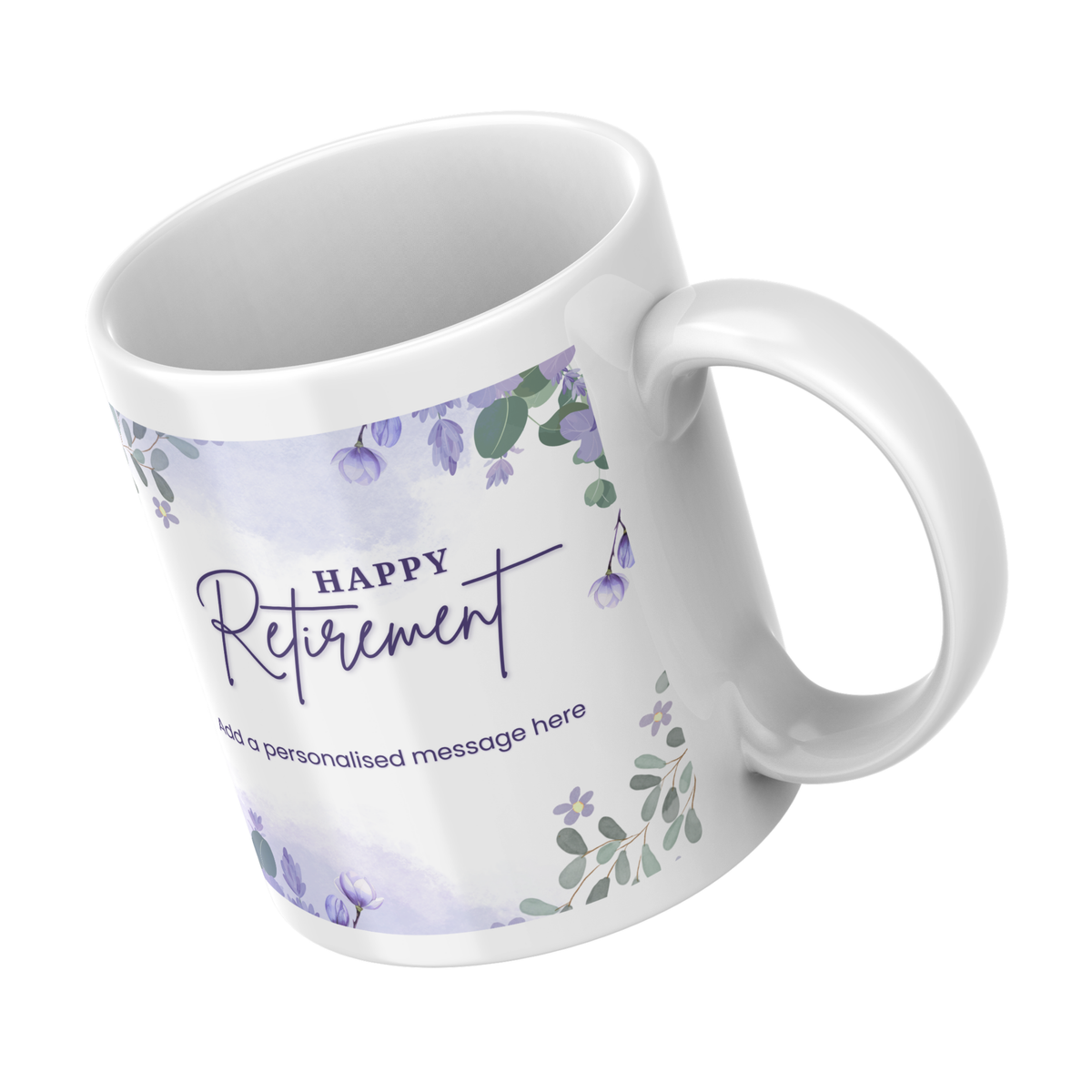 Purple Floral Happy Retirement Mug – angled view
