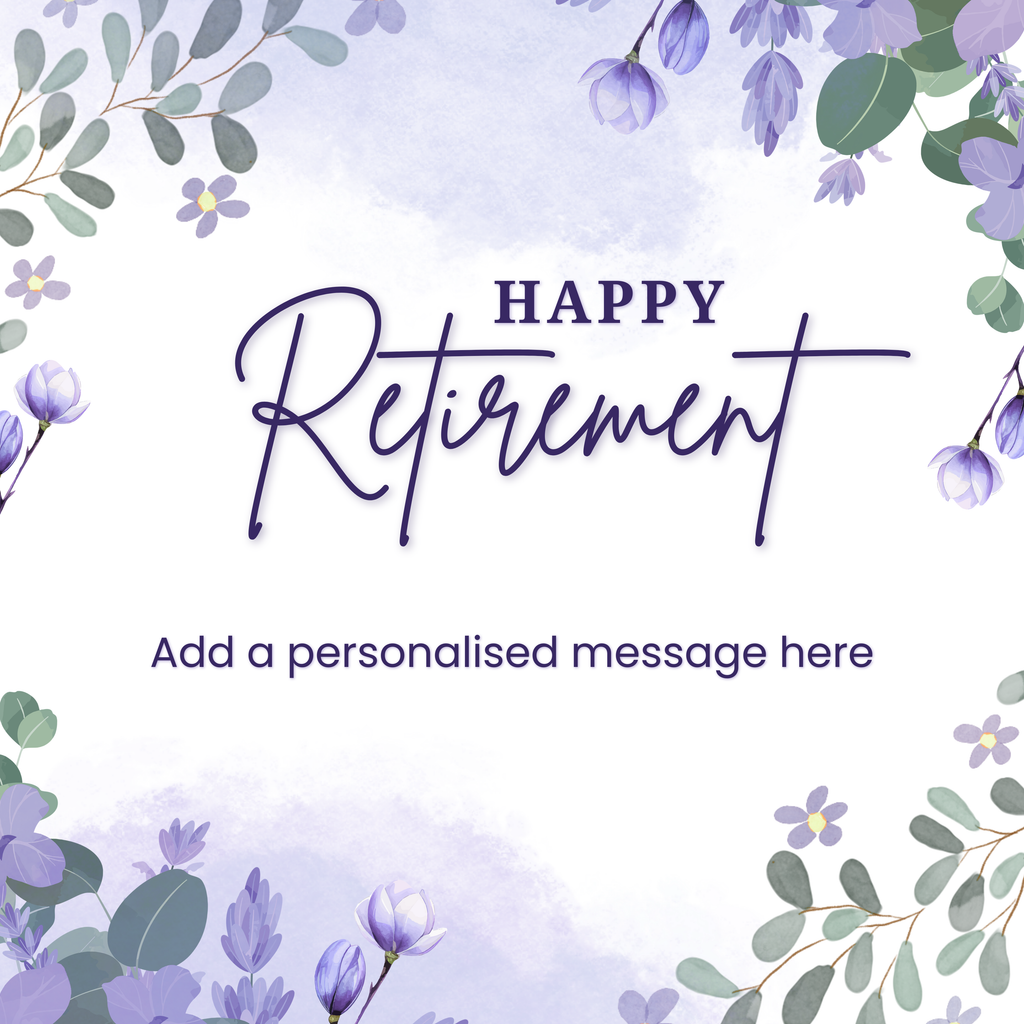 Purple Floral Happy Retirement Mug – original flat artwork
