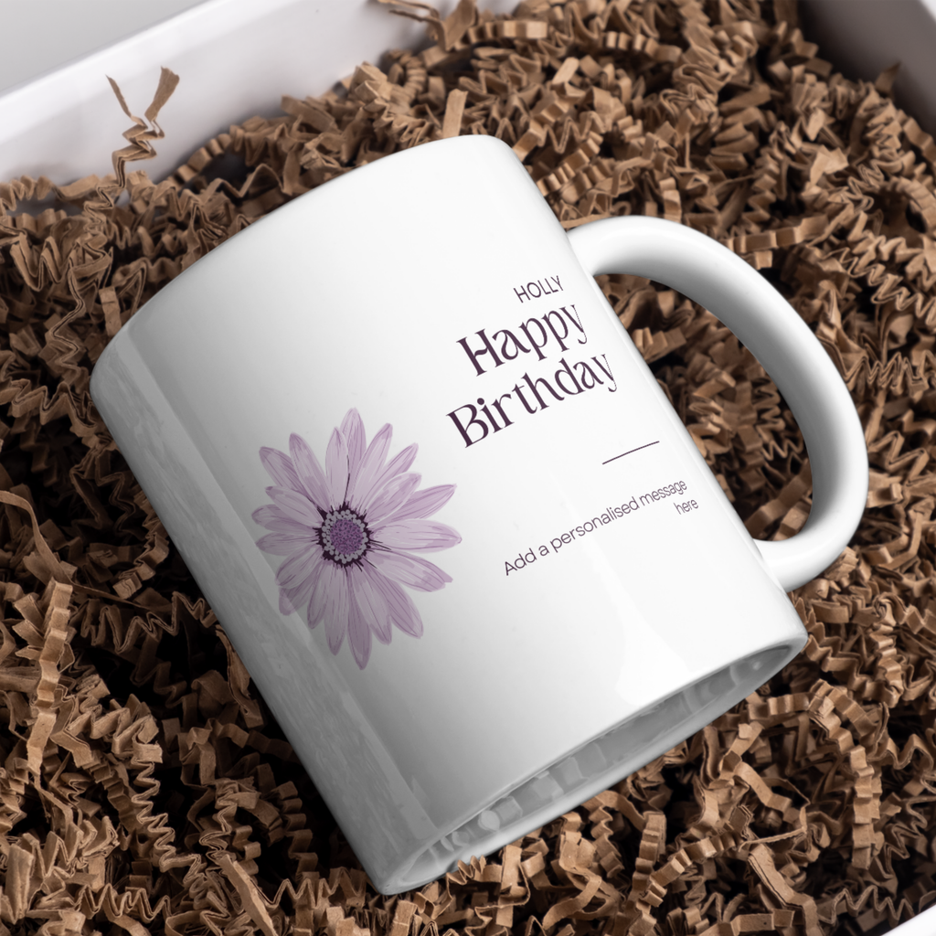Purple Flower Birthday Mug – gift presentation on paper packing