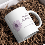Purple Flower Birthday Mug – gift presentation on paper packing