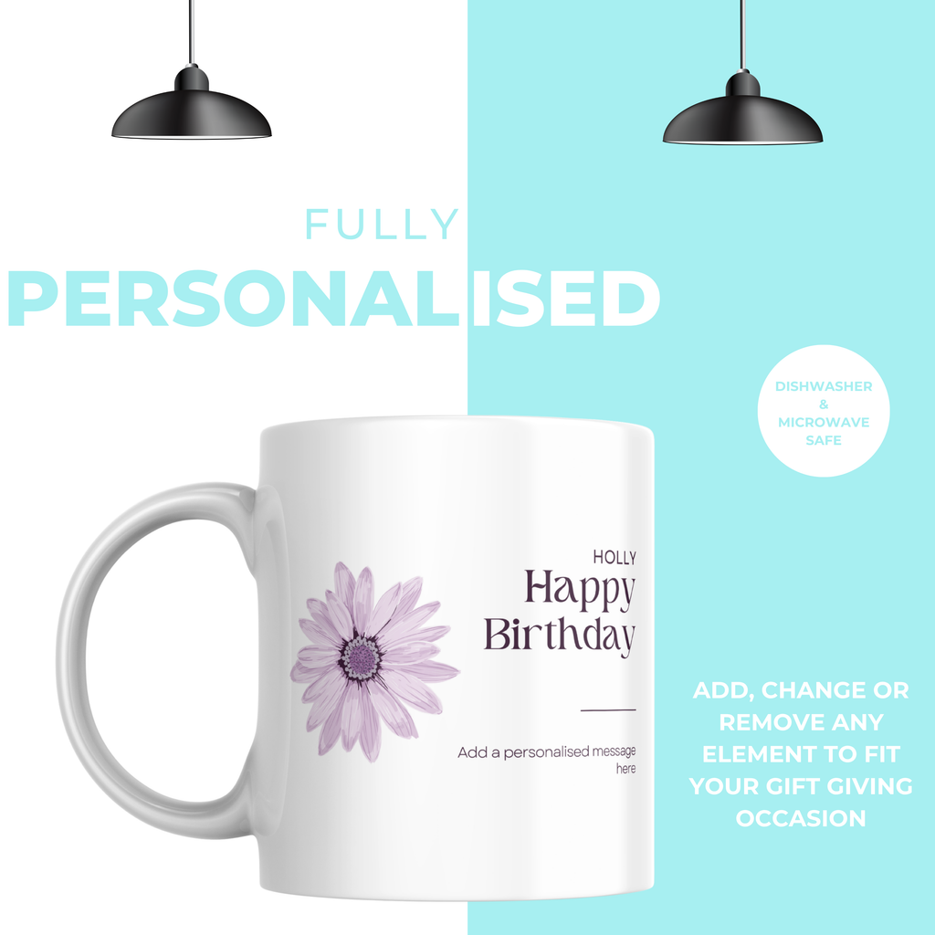 Purple Flower Birthday Mug – personalisation information
