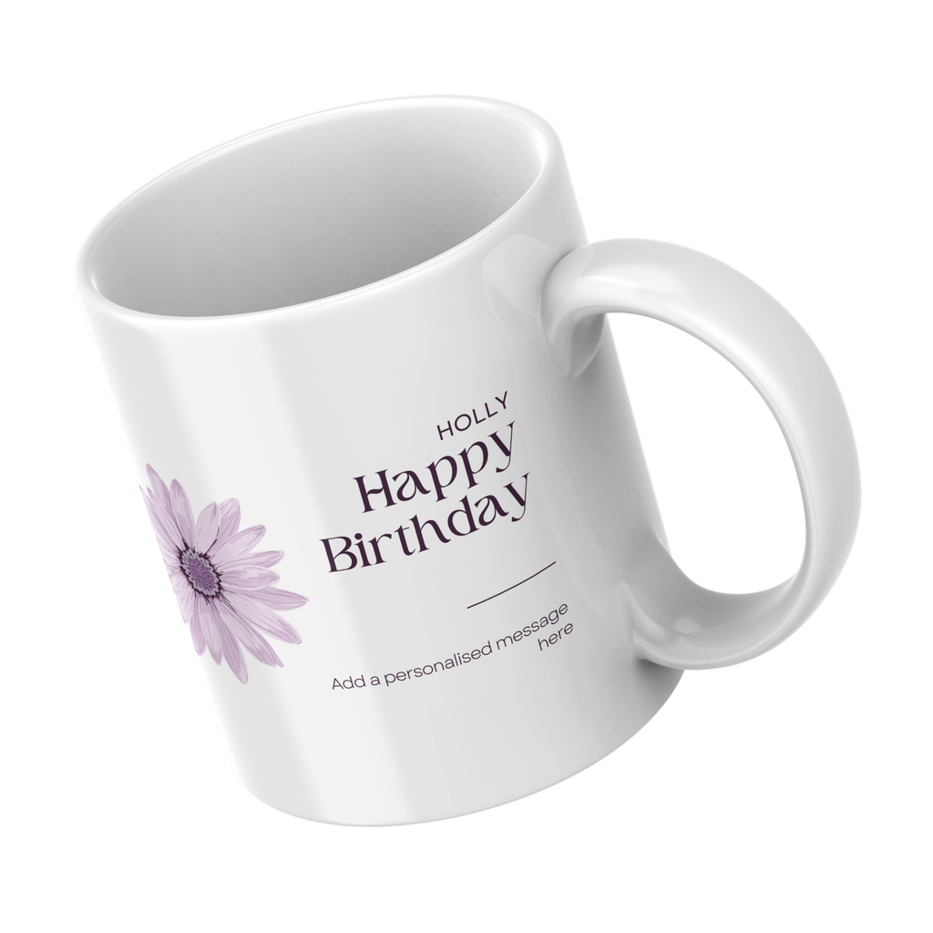 Purple Flower Birthday Mug – angled view