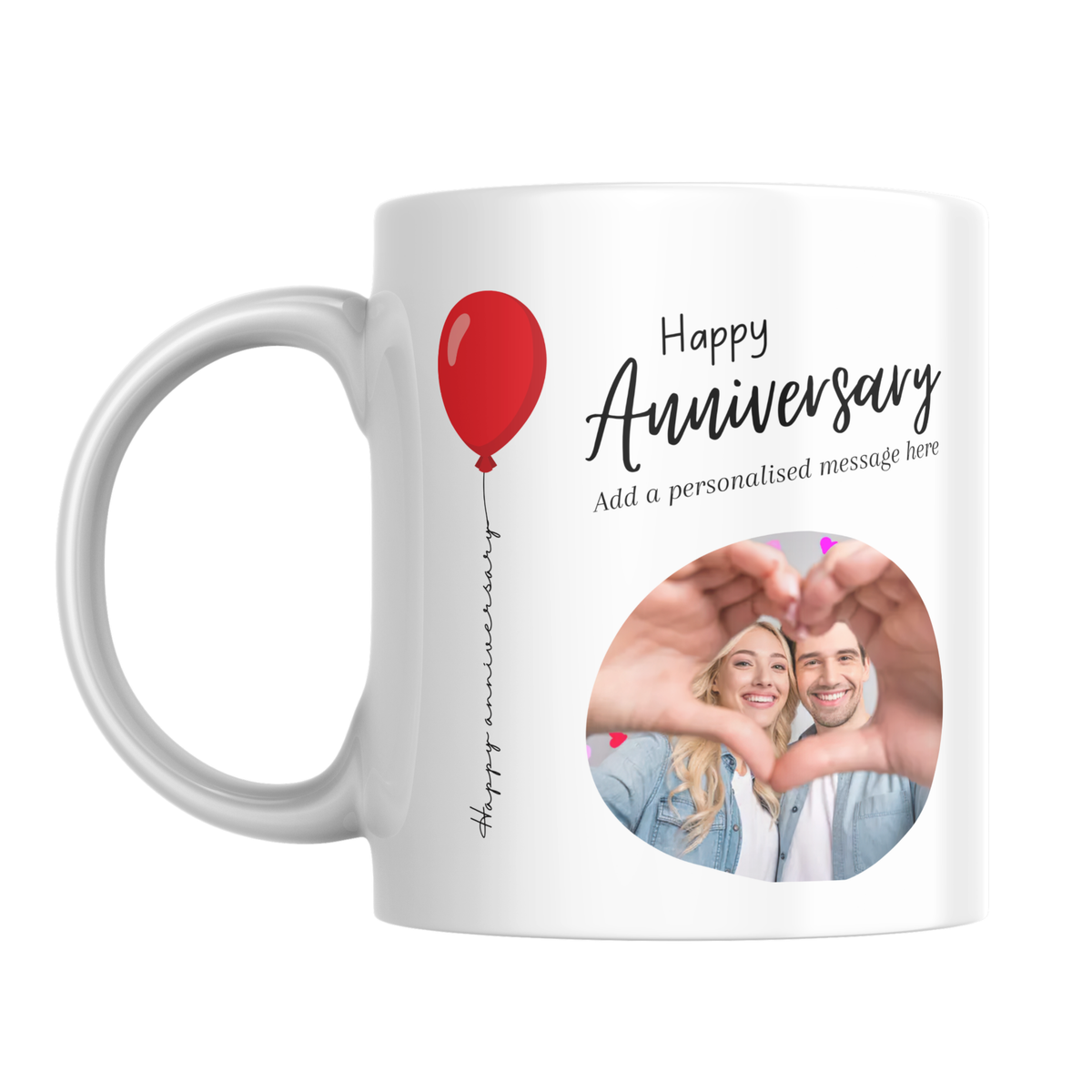 Red Balloon Photo Anniversary Mug – front view with example photos