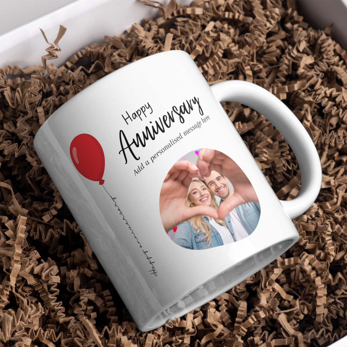 Red Balloon Photo Anniversary Mug – gift presentation on paper packing