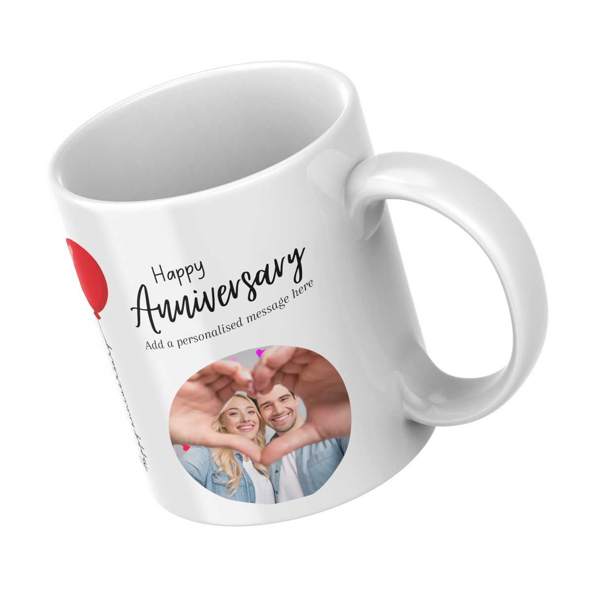 Red Balloon Photo Anniversary Mug – angled view