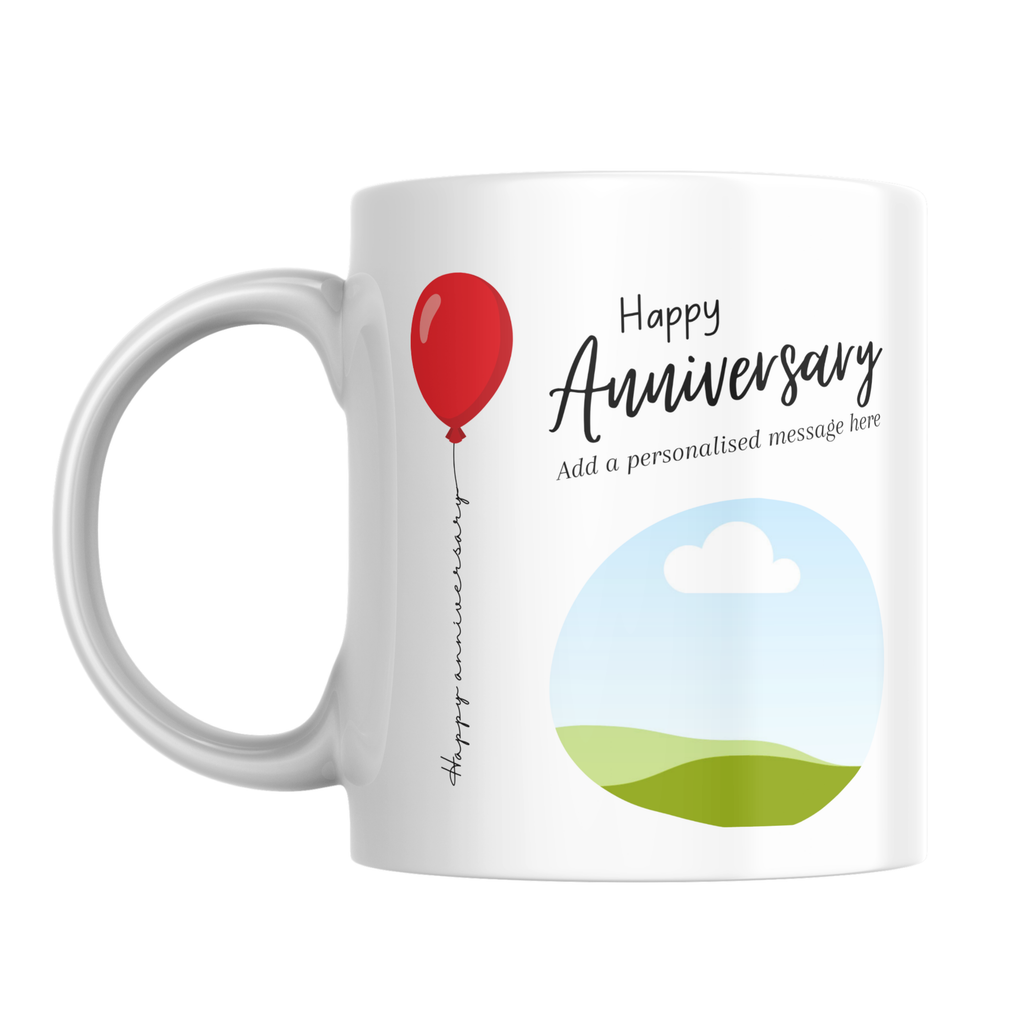 Red Balloon Photo Anniversary Mug – front view with photo placeholders