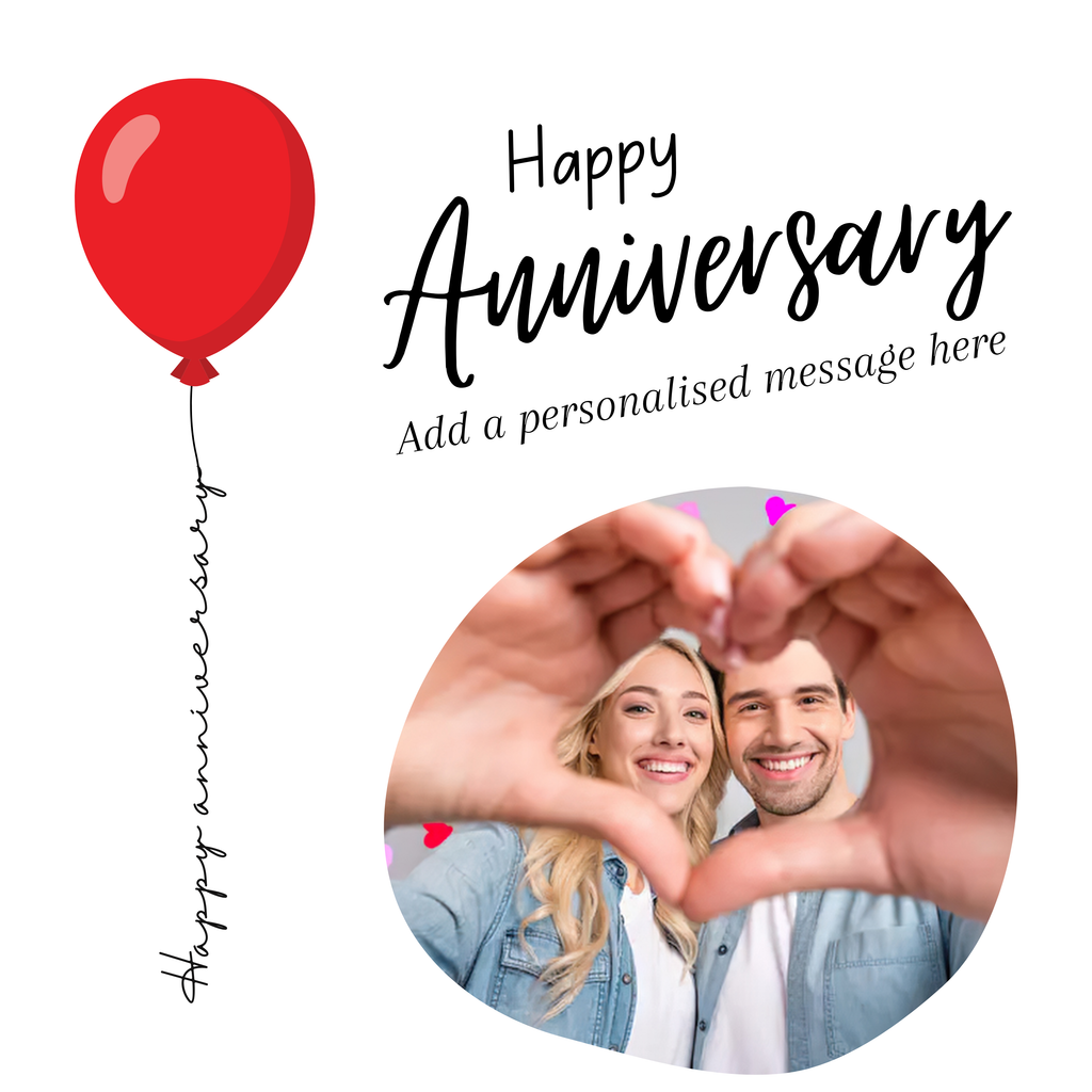 Red Balloon Photo Anniversary Mug – flat artwork with example photos