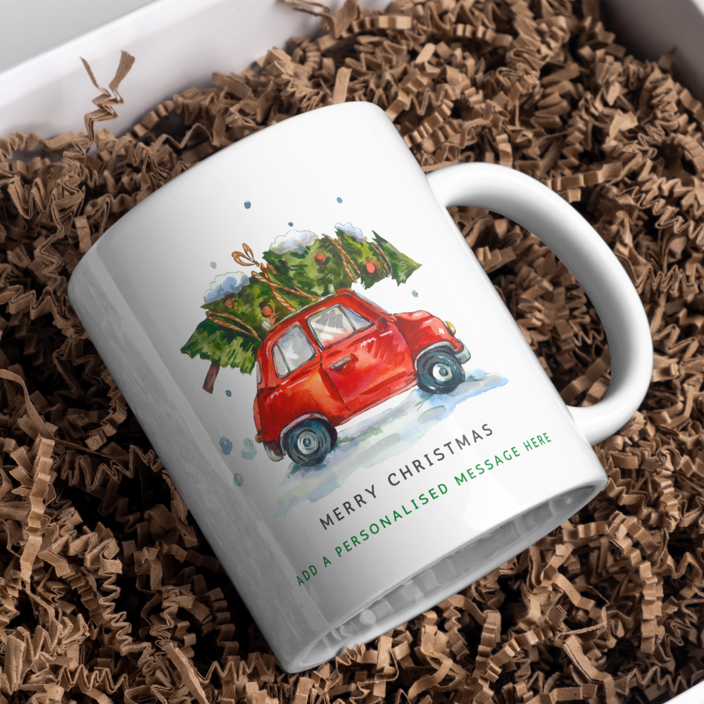 Red Car with Christmas Tree Mug – gift presentation on paper packing