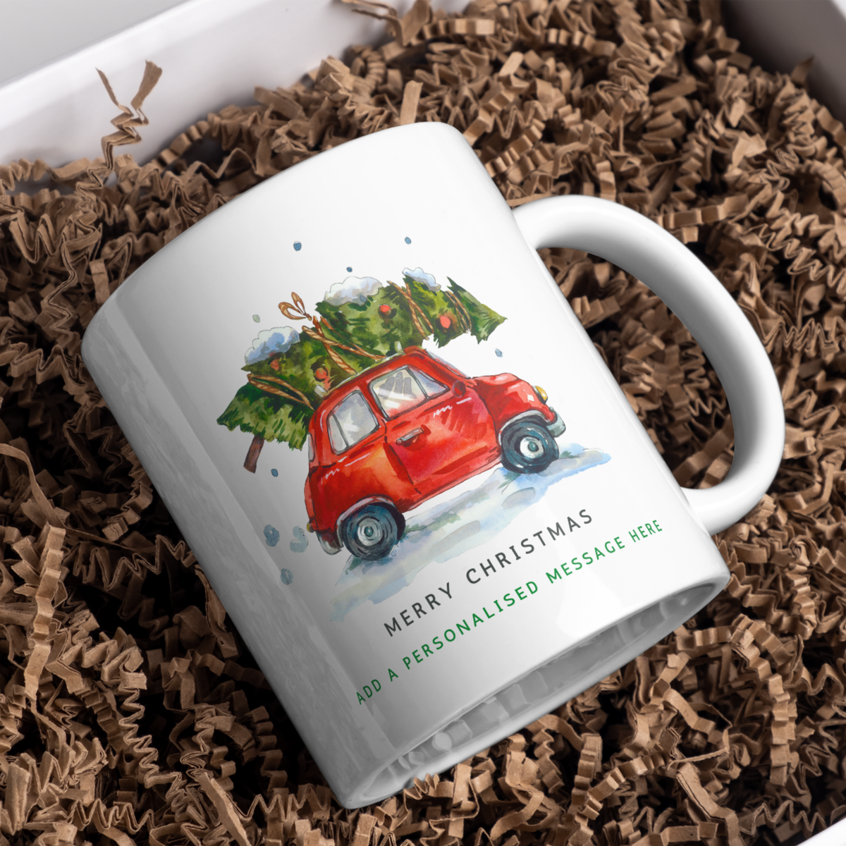 Red Car with Christmas Tree Mug – gift presentation on paper packing