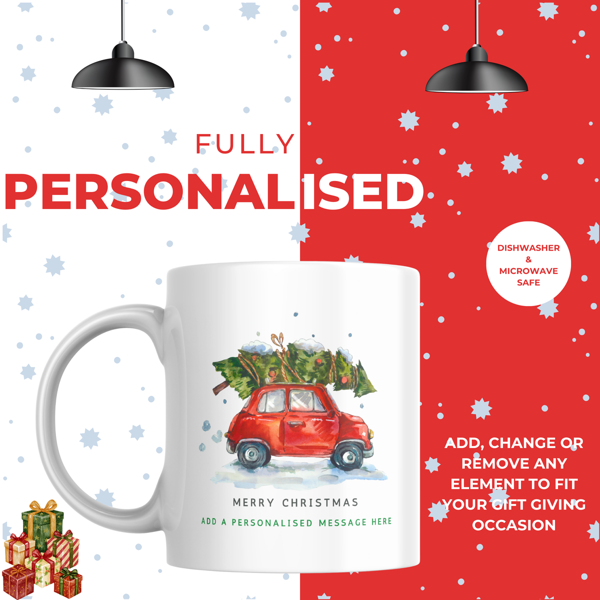 Red Car with Christmas Tree Mug – personalisation information