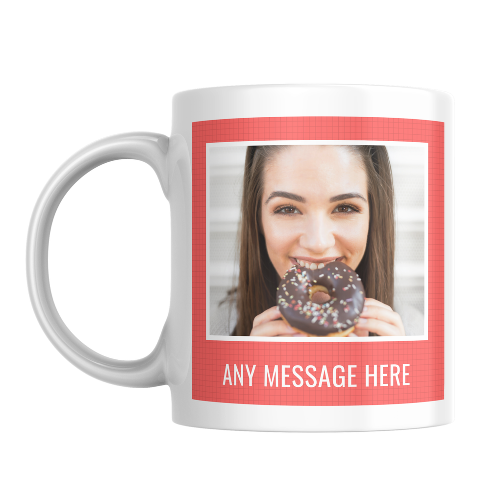 Red Photo Frame Mug – front view with example photos