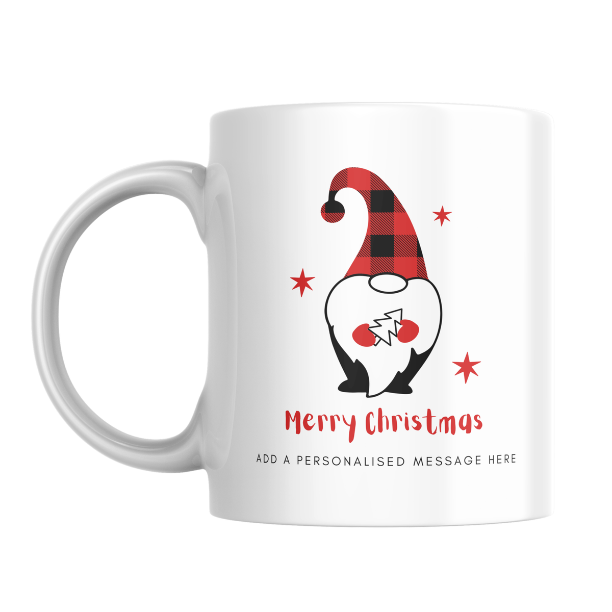 Red Plaid Hat Christmas Gnome Mug – front view