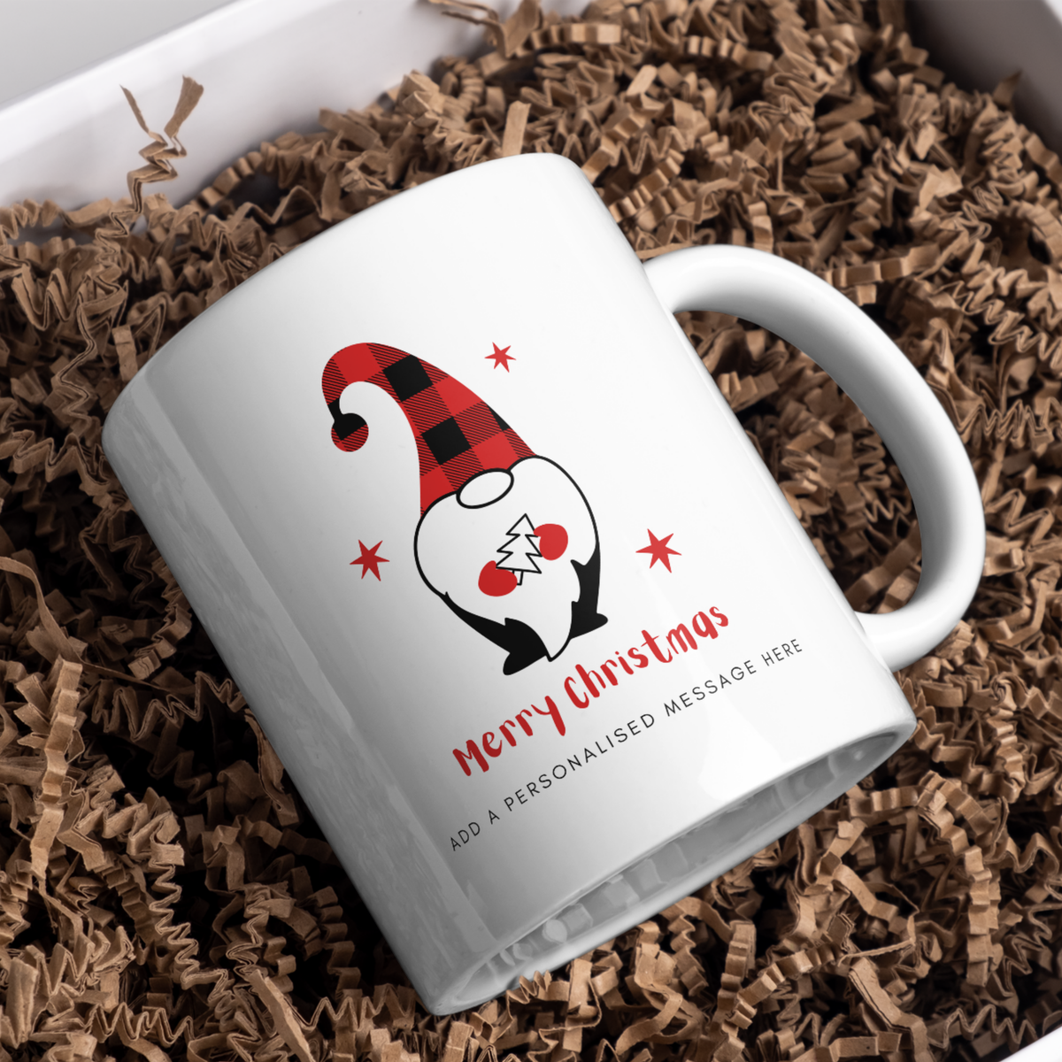 Red Plaid Hat Christmas Gnome Mug – gift presentation on paper packing