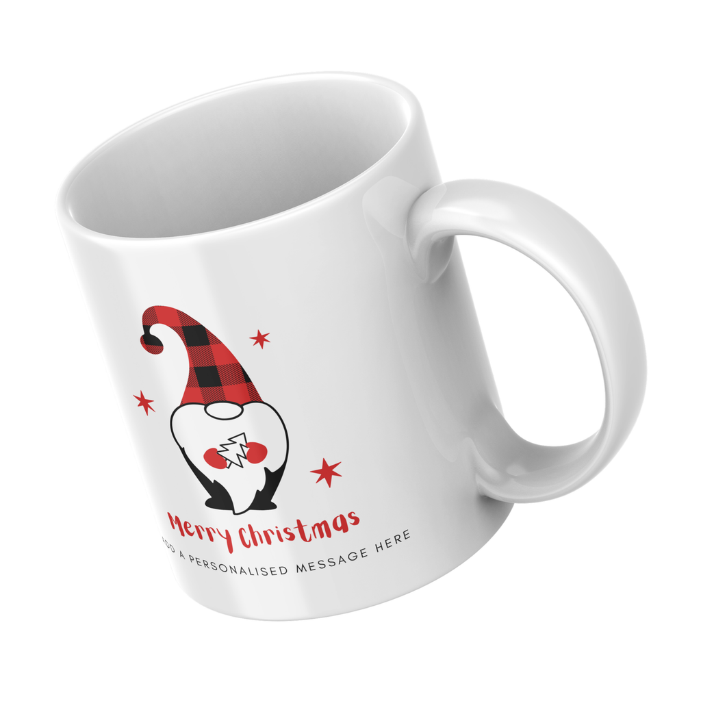 Red Plaid Hat Christmas Gnome Mug – angled view
