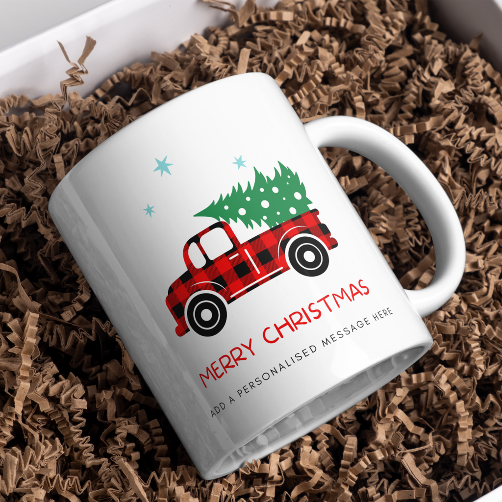 Red Plaid Truck Christmas Mug – gift presentation on paper packing