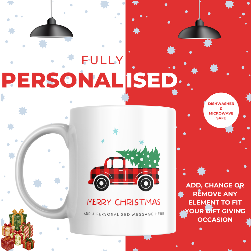 Red Plaid Truck Christmas Mug – personalisation information