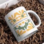 Retro Yellow Flowers Retirement Mug – gift presentation on paper packing
