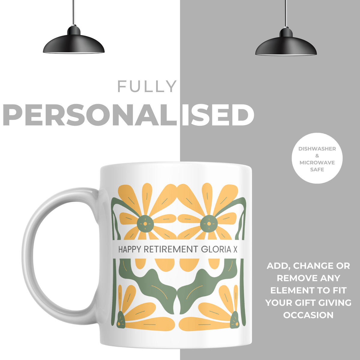 Retro Yellow Flowers Retirement Mug – personalisation information