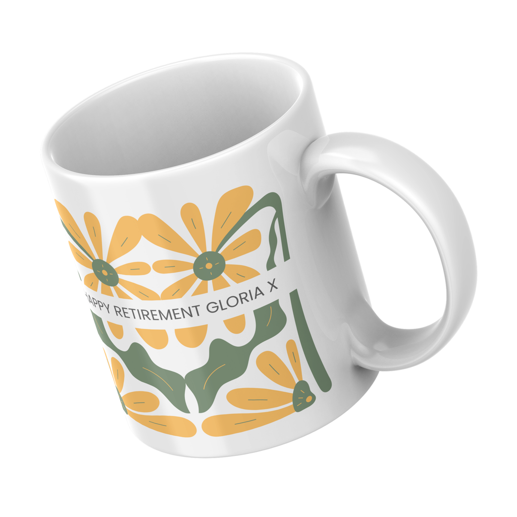 Retro Yellow Flowers Retirement Mug – angled view