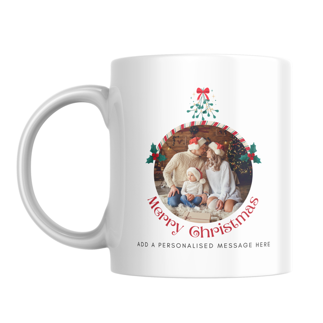 Round Photo Frame Christmas Mug – front view with example photo