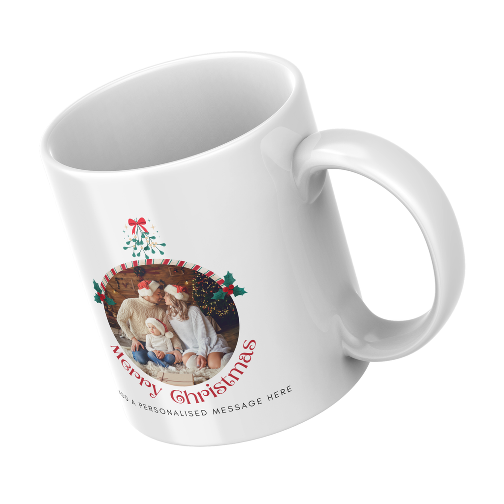 Round Photo Frame Christmas Mug – angled view