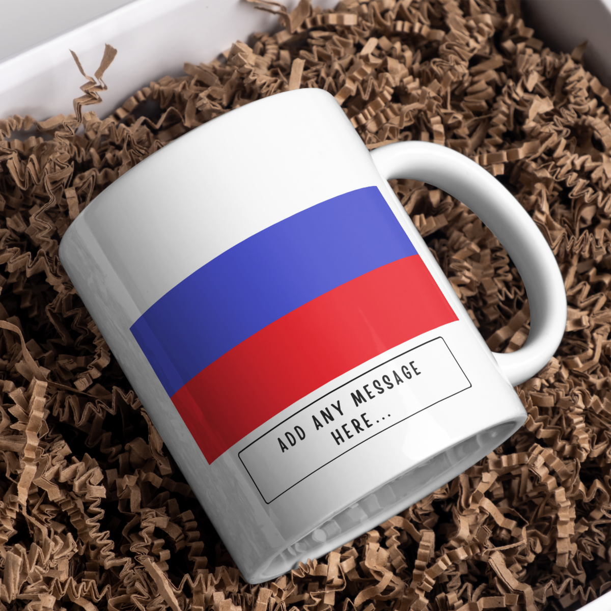 Personalised Russia flag mug – gift presentation on paper packing