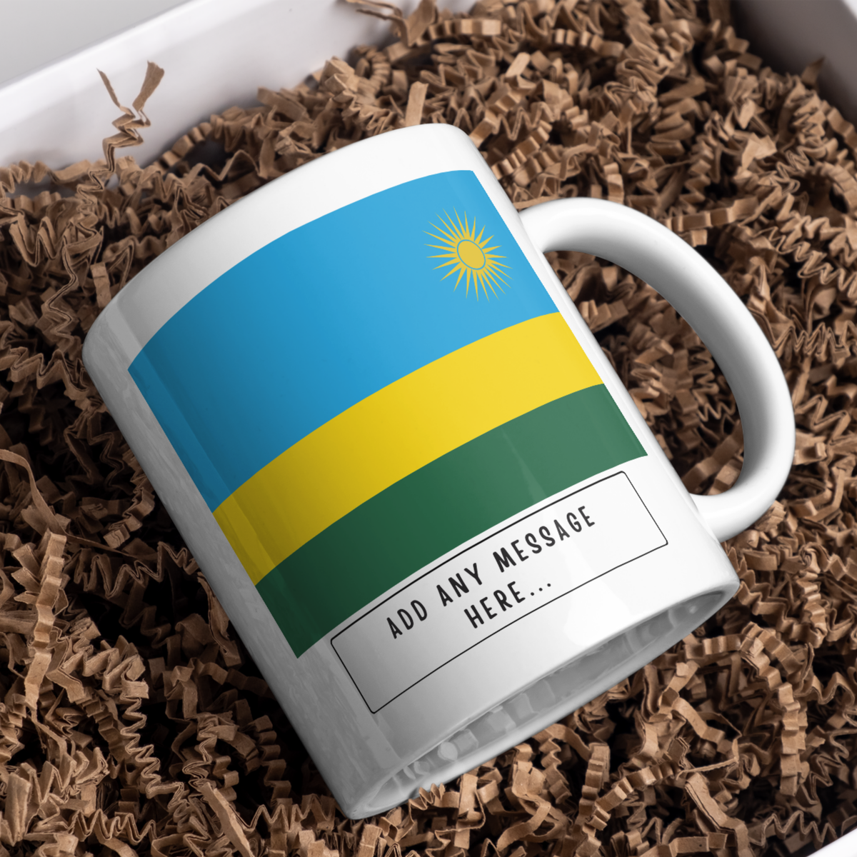 Personalised Rwanda flag mug – gift presentation on paper packing