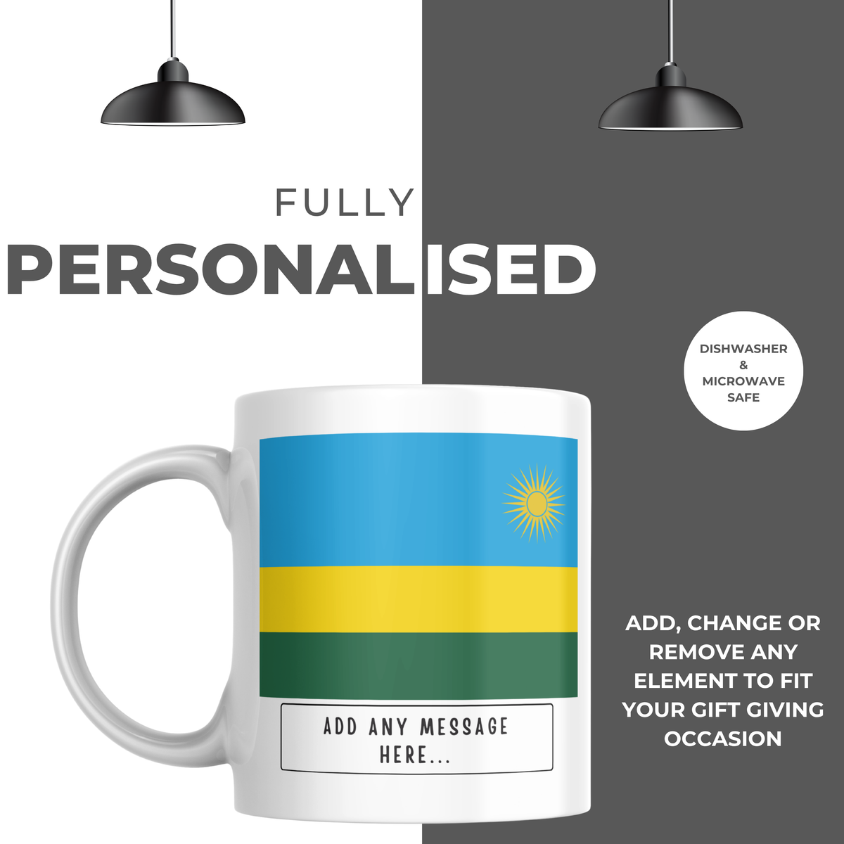 Personalised Rwanda flag mug – personalisation and care information