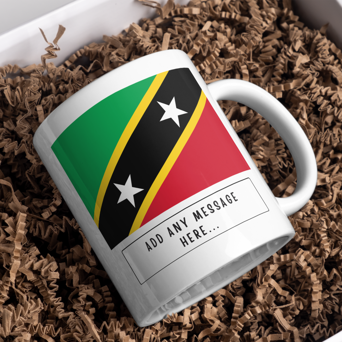 Personalised Saint Kitts and Nevis flag mug – gift presentation on paper packing