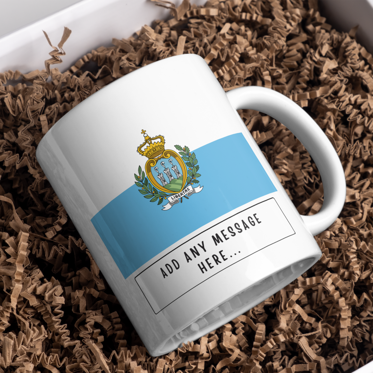 Personalised San Marino flag mug – gift presentation on paper packing