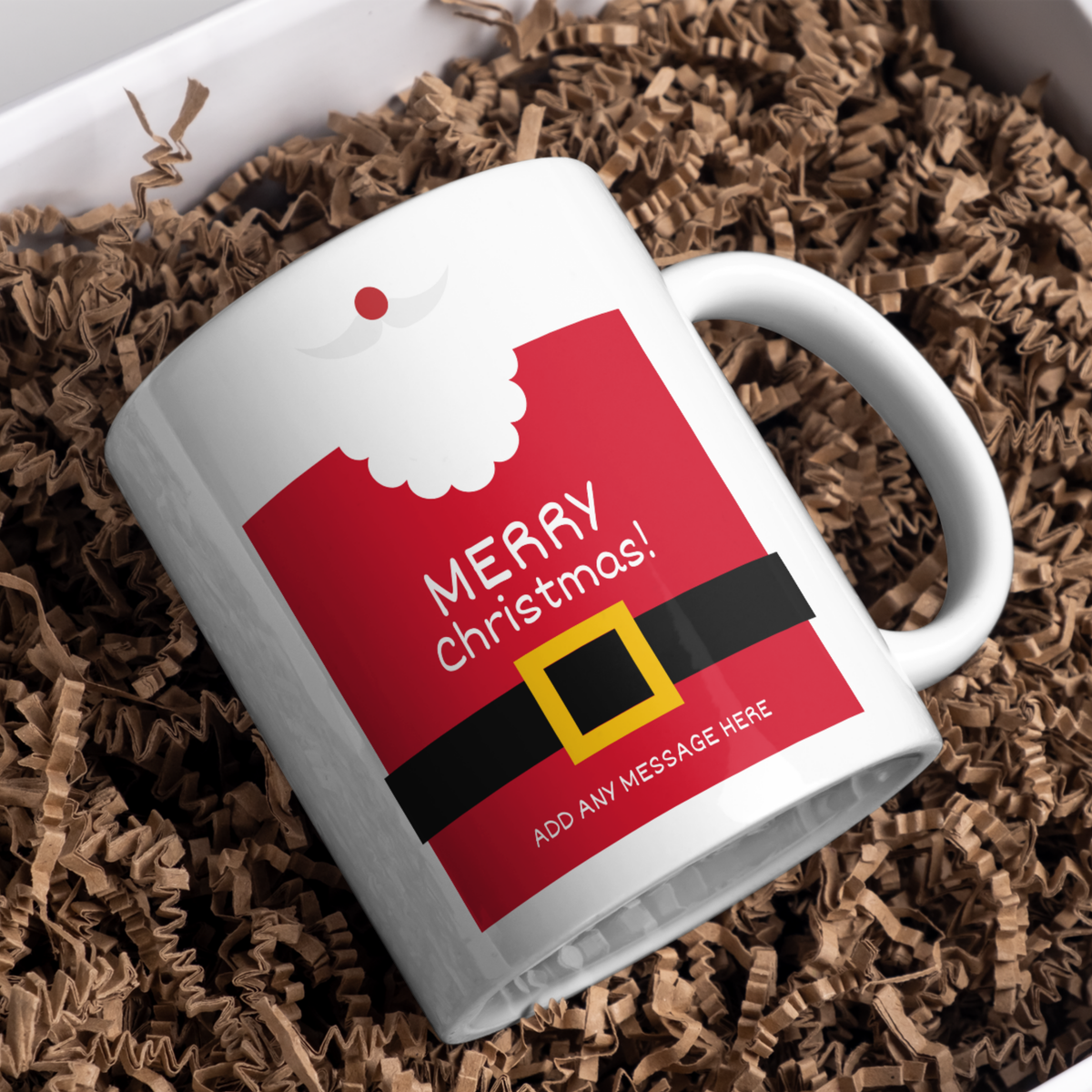 Santa Suit Christmas Mug – gift presentation on paper packing