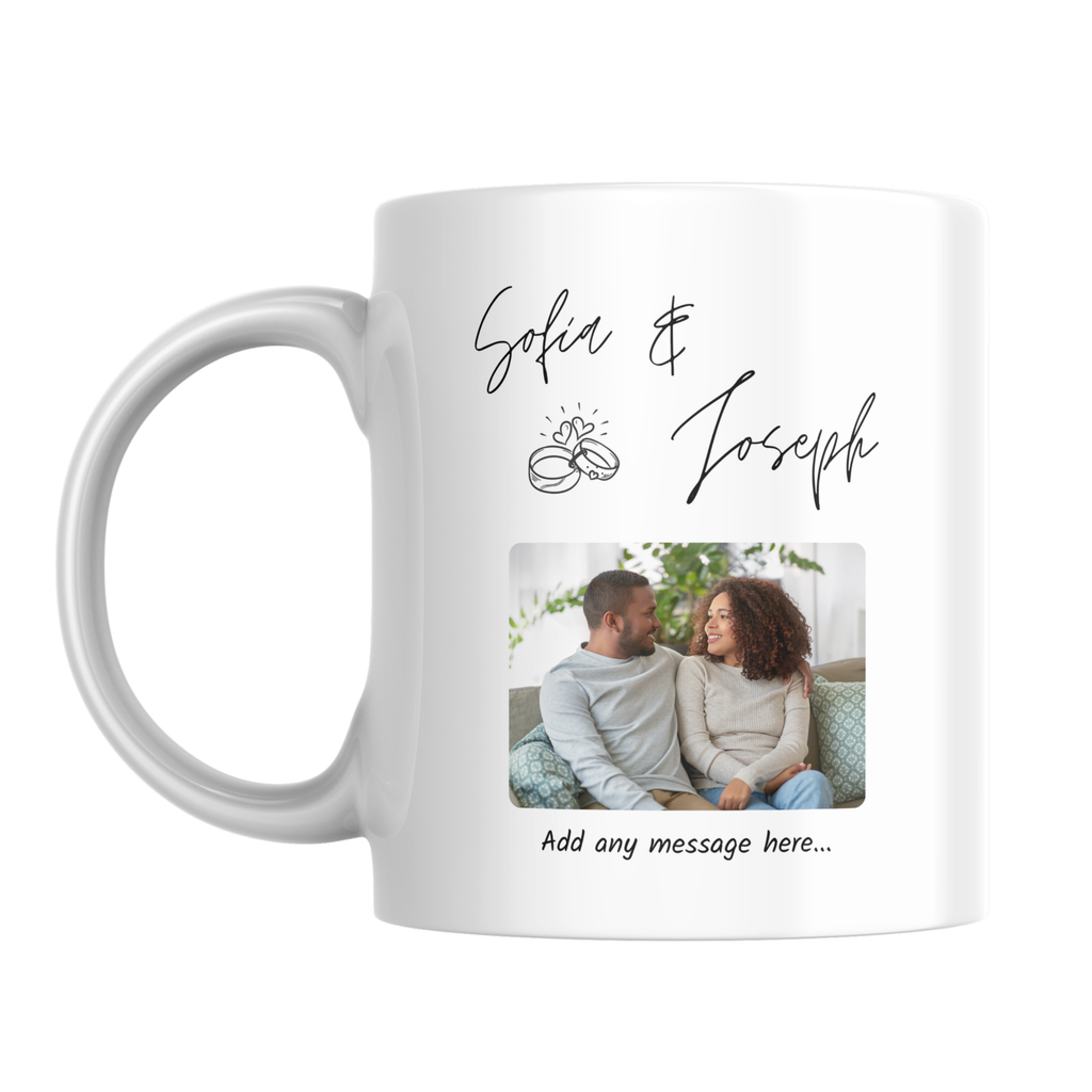 Script Names and Rings Photo Engagement Mug – front view with example photo