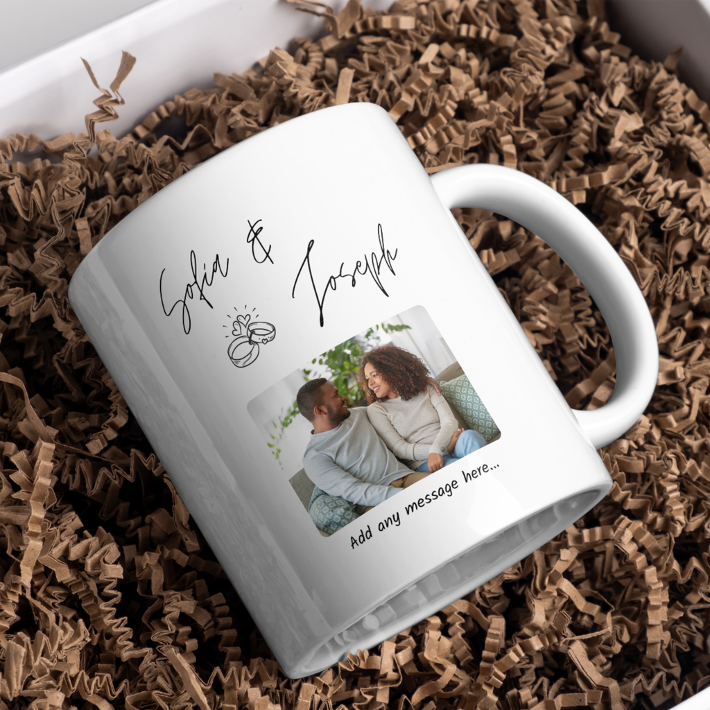 Script Names and Rings Photo Engagement Mug – gift presentation on paper packing