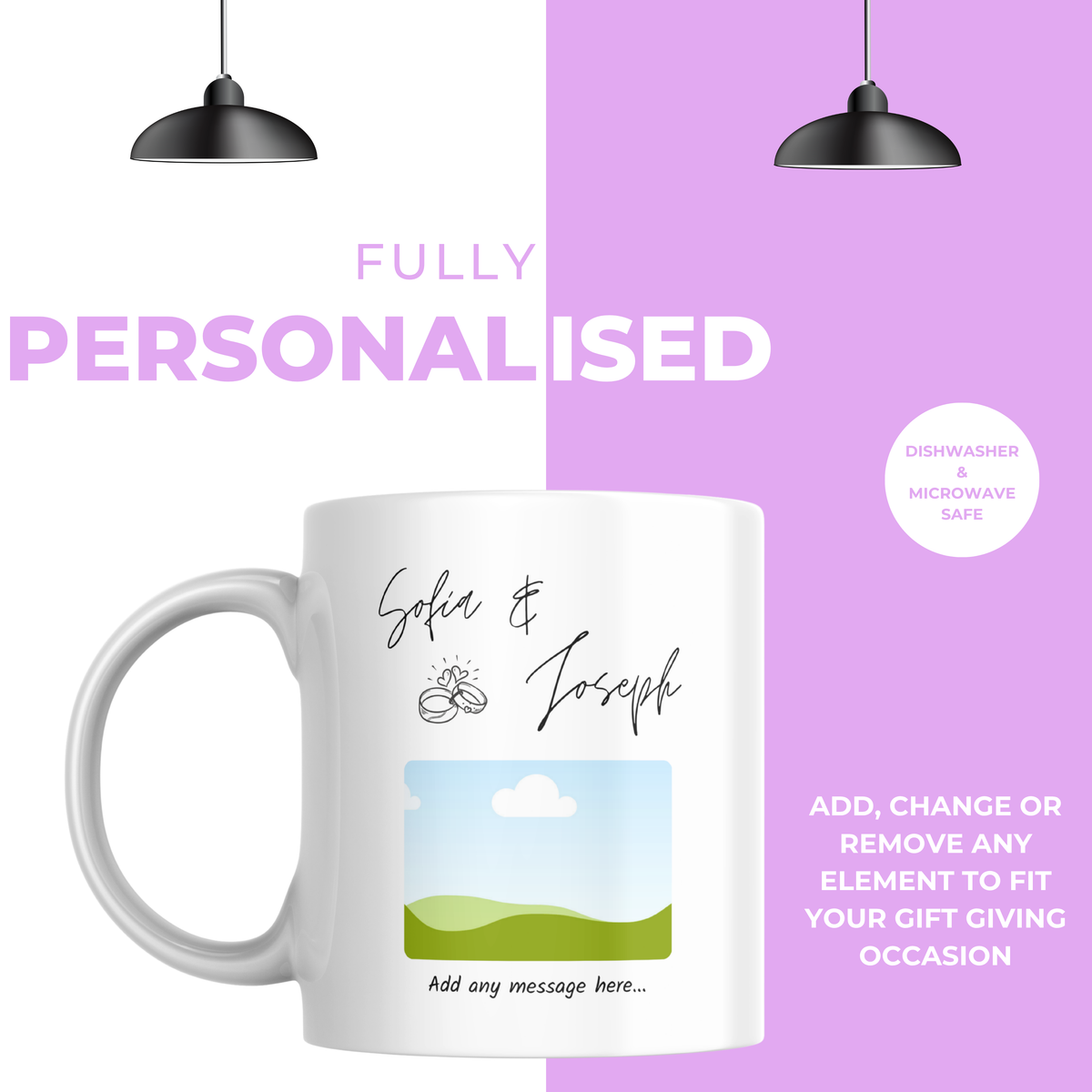 Script Names and Rings Photo Engagement Mug – personalisation information